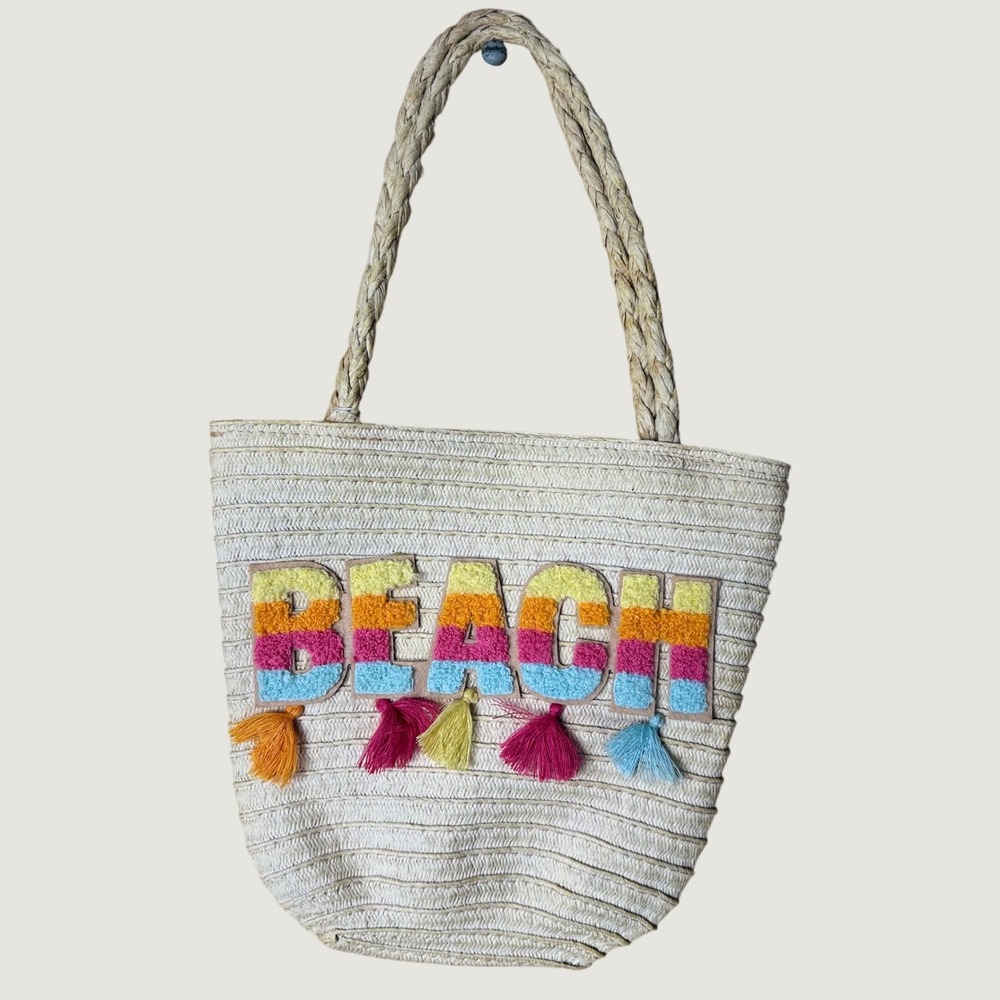 Kids Beach Straw Tote‎ Bag Rainbow Chenille Patch Tassels Woven Summer Bag